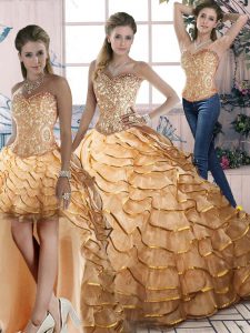 Lace Up 15th Birthday Dress Gold for Sweet 16 and Quinceanera with Ruffled Layers Brush Train