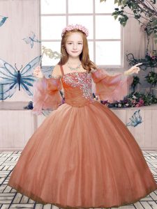 Rust Red Lace Up Little Girl Pageant Dress Beading Sleeveless Floor Length