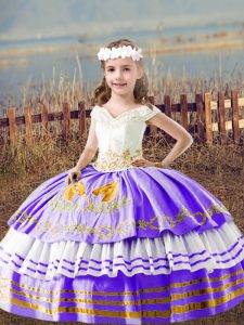 New Arrival Lavender Off The Shoulder Neckline Embroidery Kids Formal Wear Sleeveless Lace Up