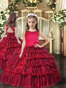 Sleeveless Floor Length Ruffled Layers Lace Up Evening Gowns with Red