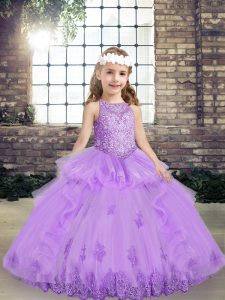 Tulle Sleeveless Floor Length Little Girls Pageant Gowns and Lace and Appliques