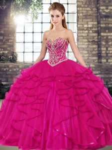 Colorful Fuchsia Sleeveless Floor Length Beading and Ruffles Lace Up Quinceanera Gown