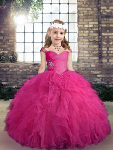 Beading and Ruffles Kids Pageant Dress Fuchsia Lace Up Sleeveless Floor Length
