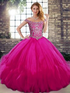 Fuchsia Ball Gowns Off The Shoulder Sleeveless Tulle Floor Length Lace Up Beading and Ruffles 15th Birthday Dress