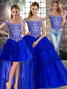 High Quality Royal Blue Three Pieces Beading and Lace Quinceanera Gowns Lace Up Tulle Sleeveless