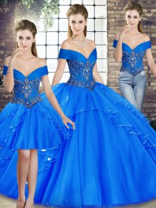 Nice Off The Shoulder Sleeveless Quinceanera Dress Floor Length Beading and Ruffles Royal Blue Tulle