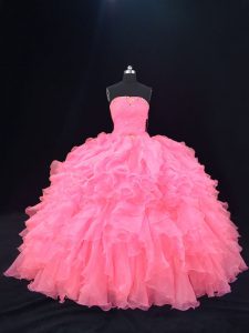 Pink Sleeveless Organza Lace Up 15th Birthday Dress for Sweet 16 and Quinceanera
