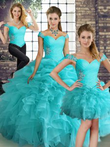 Sleeveless Organza Floor Length Lace Up Quinceanera Dresses in Aqua Blue with Beading and Ruffles and Pick Ups