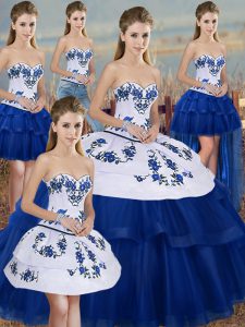 Royal Blue Tulle Lace Up Sweetheart Sleeveless Floor Length Quinceanera Dress Embroidery and Bowknot