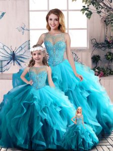 Deluxe Sleeveless Tulle Floor Length Lace Up 15 Quinceanera Dress in Aqua Blue with Beading and Ruffles