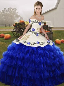 Deluxe Royal Blue Sleeveless Organza Lace Up Ball Gown Prom Dress for Military Ball and Sweet 16 and Quinceanera
