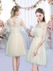 Most Popular Mini Length Champagne Quinceanera Court Dresses Tulle Sleeveless Lace and Bowknot