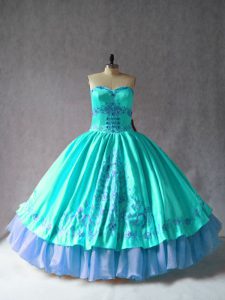 Unique Embroidery Quince Ball Gowns Aqua Blue Lace Up Sleeveless Floor Length