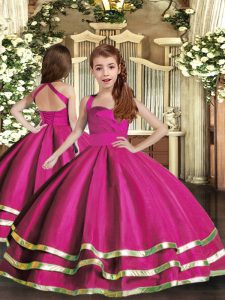 Fuchsia Sleeveless Floor Length Ruffled Layers and Ruching Lace Up Little Girl Pageant Gowns
