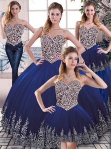 Popular Sweetheart Sleeveless Quinceanera Dress Floor Length Embroidery Royal Blue Tulle