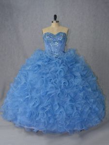 Exquisite Sleeveless Brush Train Beading and Ruffles Lace Up Ball Gown Prom Dress