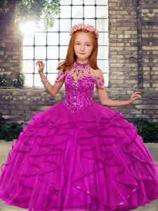 Custom Fit Fuchsia Ball Gowns Beading and Ruffles Pageant Gowns For Girls Lace Up Tulle Sleeveless Floor Length