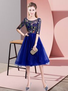 Wonderful Empire Quinceanera Dama Dress Blue Scoop Tulle Half Sleeves Knee Length Lace Up