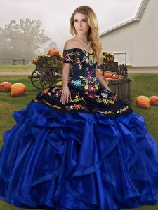 Fabulous Blue And Black Ball Gowns Embroidery and Ruffles 15 Quinceanera Dress Lace Up Organza Sleeveless Floor Length