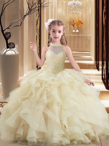 Light Yellow Lace Up High-neck Beading and Ruffles Little Girl Pageant Dress Tulle Sleeveless Brush Train