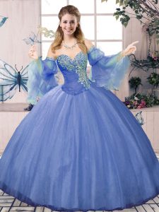 Best Blue Sleeveless Floor Length Beading Lace Up Quinceanera Dresses