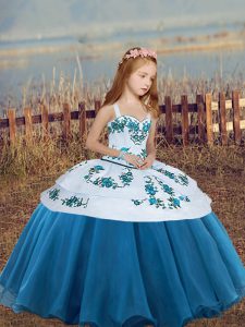 Traditional Floor Length Blue Pageant Gowns For Girls Straps Sleeveless Lace Up