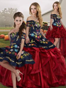 Red And Black Off The Shoulder Lace Up Embroidery and Ruffles Quince Ball Gowns Sleeveless