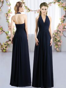 Inexpensive Ruching Damas Dress Navy Blue Lace Up Sleeveless Floor Length