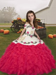 Gorgeous Coral Red Mermaid Organza Straps Sleeveless Embroidery and Ruffles Floor Length Lace Up Little Girls Pageant Dress
