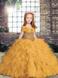 Gold Custom Made Pageant Dress Party and Military Ball and Wedding Party with Beading Straps Sleeveless Lace Up