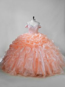 Ball Gowns Sleeveless Orange Vestidos de Quinceanera Brush Train Lace Up