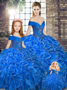 Beading and Ruffles Quinceanera Gowns Royal Blue Lace Up Sleeveless Floor Length