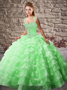 Green Ball Gowns Straps Sleeveless Organza Court Train Lace Up Beading and Ruffled Layers Sweet 16 Quinceanera Dress