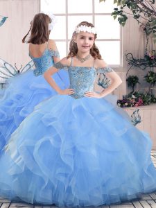 Luxurious Blue Tulle Lace Up Little Girl Pageant Gowns Sleeveless Floor Length Beading