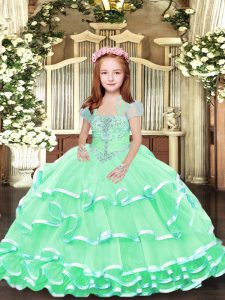 Apple Green Sleeveless Beading and Ruffled Layers Floor Length Pageant Dress Toddler