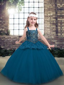 Blue Kids Formal Wear Prom and Party and Wedding Party with Beading Straps Sleeveless Lace Up