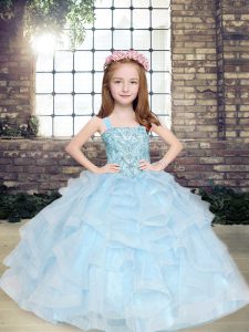 Eye-catching Light Blue Ball Gowns Tulle Straps Sleeveless Beading and Ruffles Floor Length Lace Up Little Girls Pageant Dress