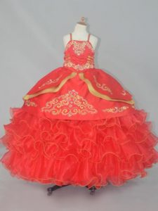 Glorious Red Lace Up Straps Embroidery and Ruffled Layers Child Pageant Dress Organza Sleeveless