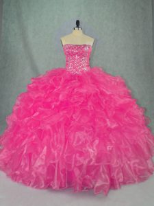 High Quality Sleeveless Organza Floor Length Lace Up Vestidos de Quinceanera in Hot Pink with Beading and Ruffles