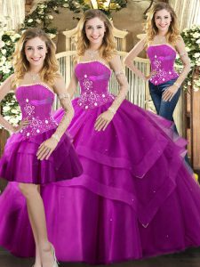 Best Fuchsia Sleeveless Tulle Lace Up Ball Gown Prom Dress for Sweet 16 and Quinceanera