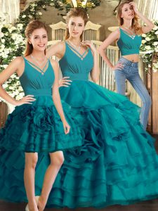 Spectacular V-neck Sleeveless Quinceanera Gowns Floor Length Ruffled Layers Teal Organza
