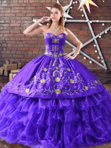 Colorful Sleeveless Floor Length Embroidery and Ruffled Layers Lace Up Vestidos de Quinceanera with Purple