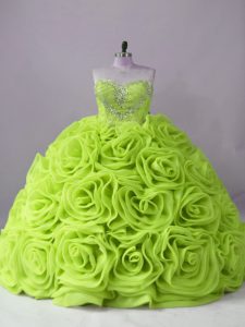 Edgy Fabric With Rolling Flowers Sweetheart Sleeveless Brush Train Lace Up Beading Quinceanera Dress in Yellow Green