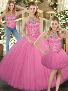 Luxurious Rose Pink Halter Top Lace Up Embroidery Quince Ball Gowns Sleeveless