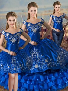 Royal Blue Ball Gown Prom Dress Sweet 16 and Quinceanera with Embroidery and Ruffled Layers Off The Shoulder Sleeveless Lace Up