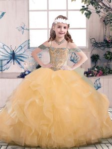 Floor Length Peach Little Girl Pageant Dress Tulle Sleeveless Beading