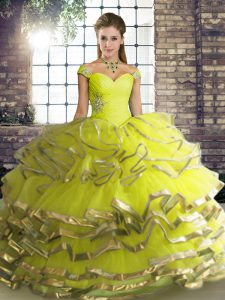 Yellow Green Tulle Lace Up Quince Ball Gowns Sleeveless Floor Length Beading and Ruffled Layers