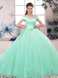 Elegant Lace and Hand Made Flower 15 Quinceanera Dress Apple Green Lace Up Short Sleeves Floor Length