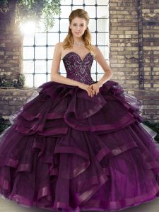 Ball Gowns Quinceanera Dress Dark Purple Sweetheart Tulle Sleeveless Floor Length Lace Up