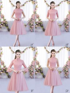 Dramatic Pink A-line Tulle High-neck Cap Sleeves Lace Tea Length Zipper Damas Dress